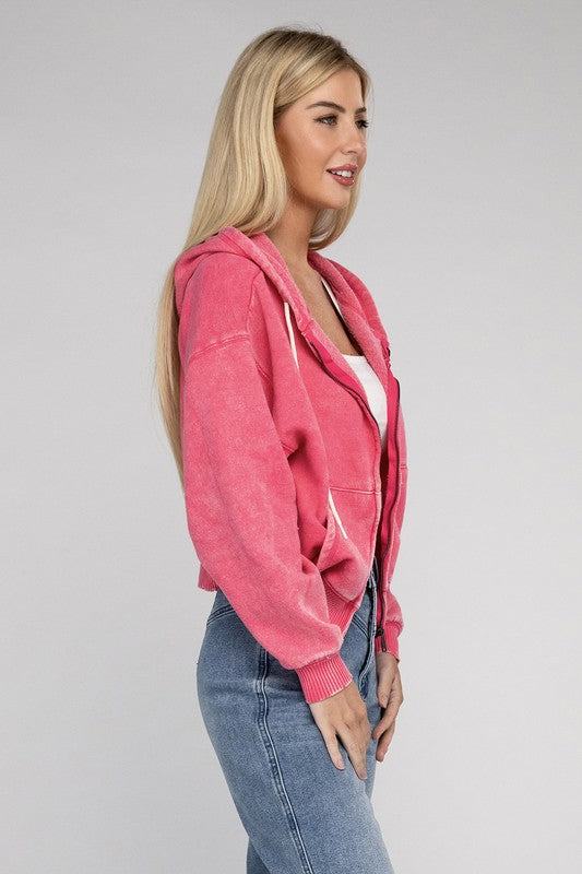 Zenana Ignite The Night Acid Wash Cropped Hoodie