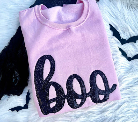 Embroidered Boo Sequin Crewneck Pullover
