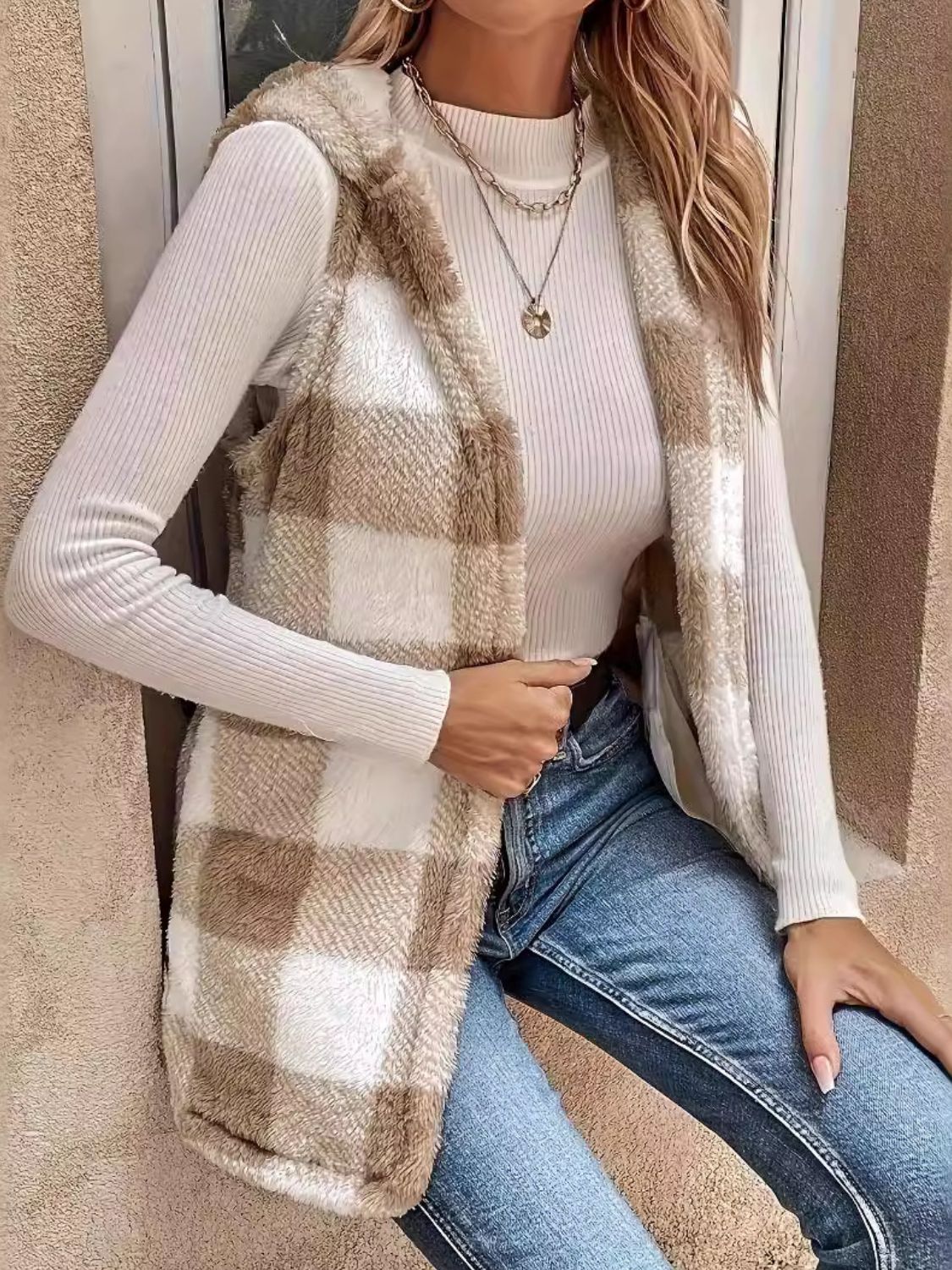 Today is the Day Plaid Vest - Camel