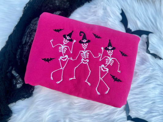 Embroidered Dancing Witchy Skeletons Crewneck Pullover