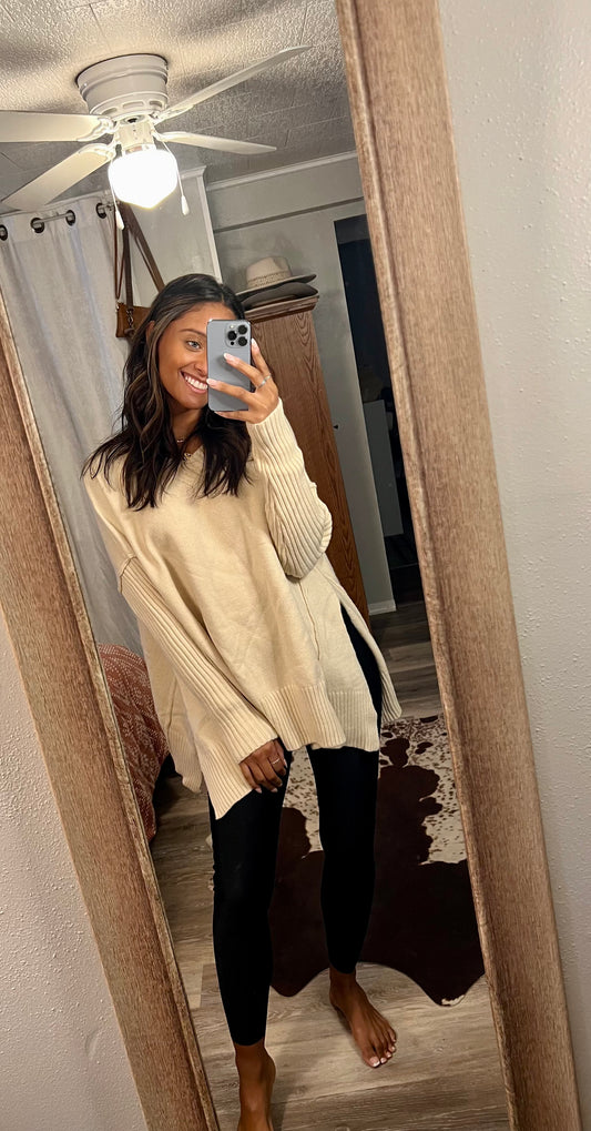 V-Neck Dropped Shoulder Ribbed Long Sleeve Sweater