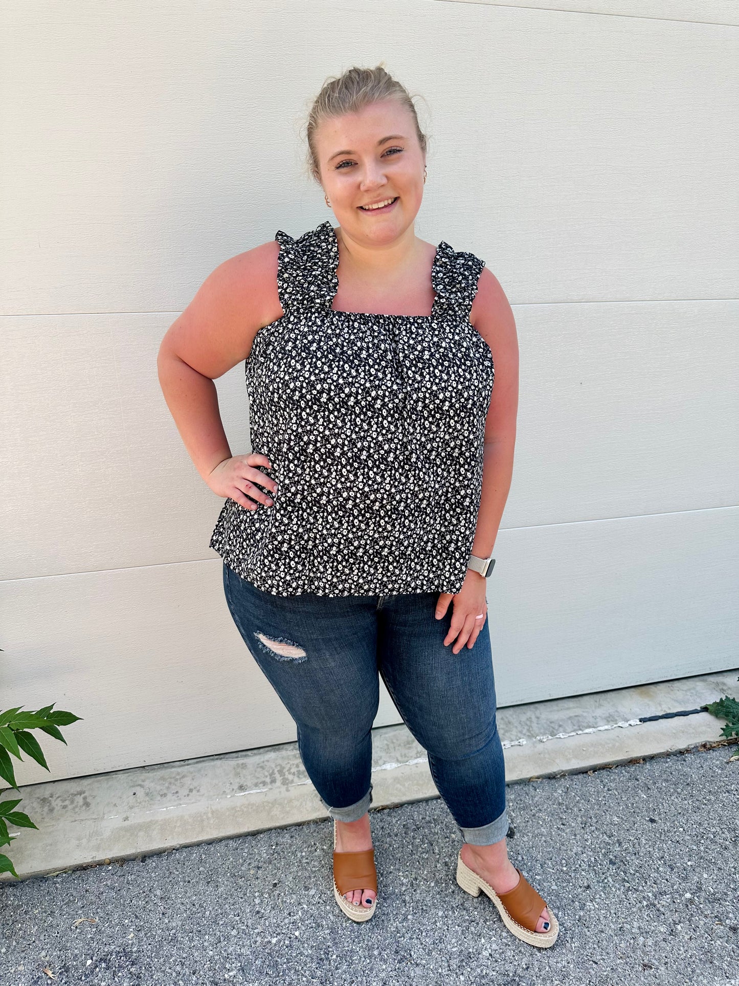 Ditsy Floral Ruffled Square Neck Sleeveless Tank
