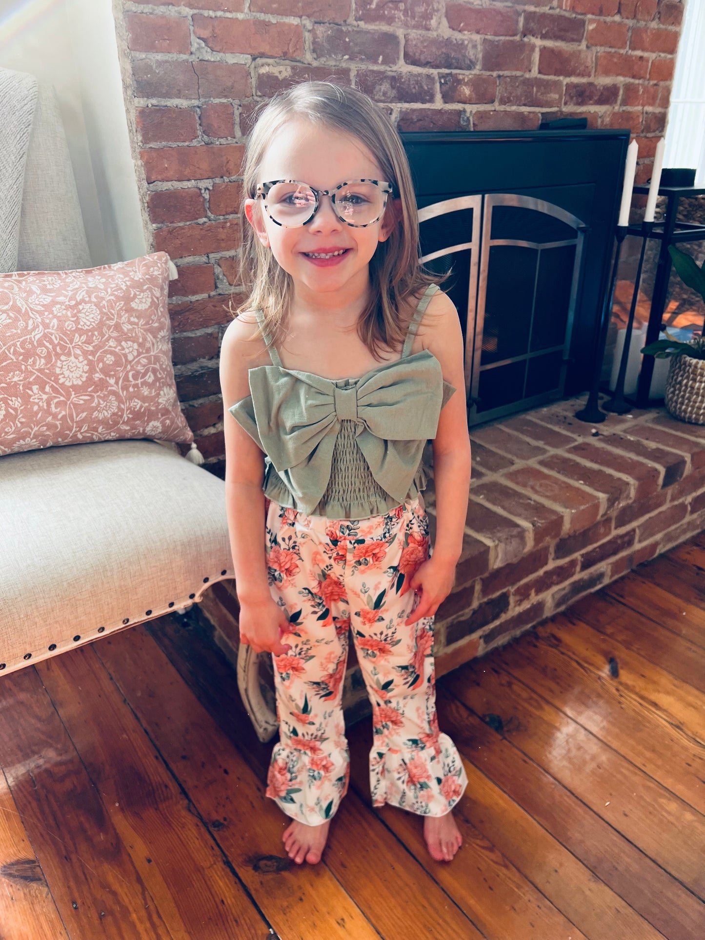 Girls Bow Detail Cami and Floral Flare Pants Set