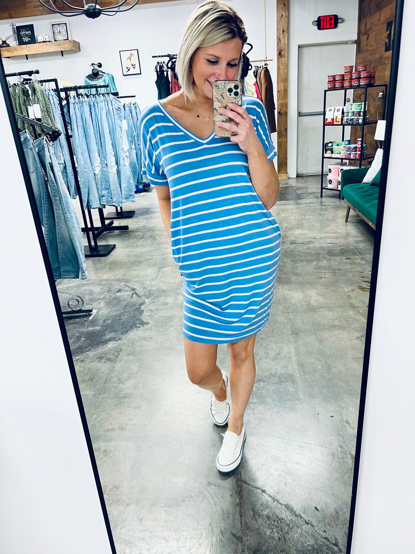 Zenana Full Size Striped V-Neck Pocket Dress in Spring Blue