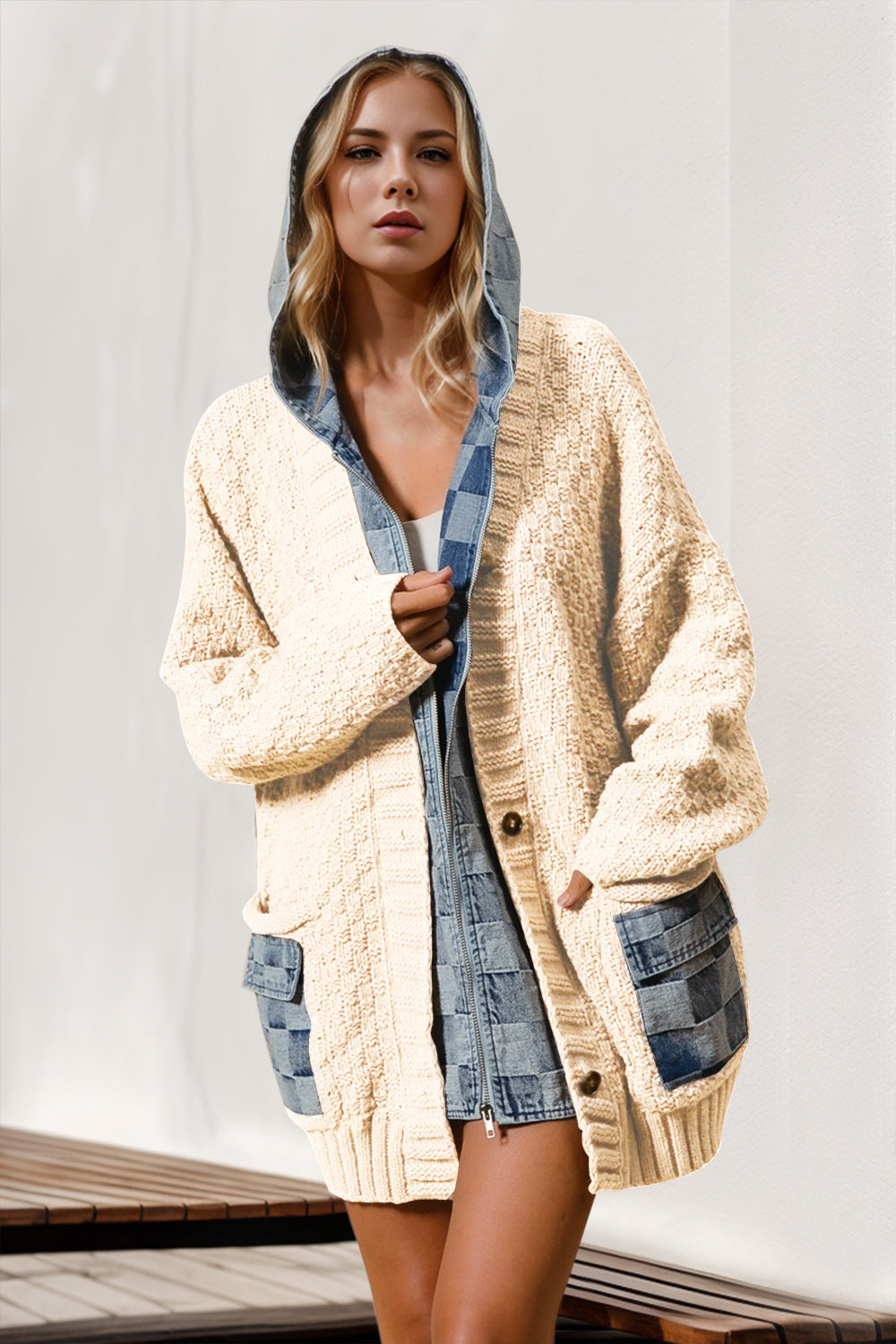 Denim Checkered Cardigan