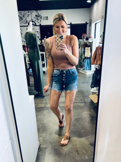 RISEN Button Fly Frayed Hem Denim Shorts