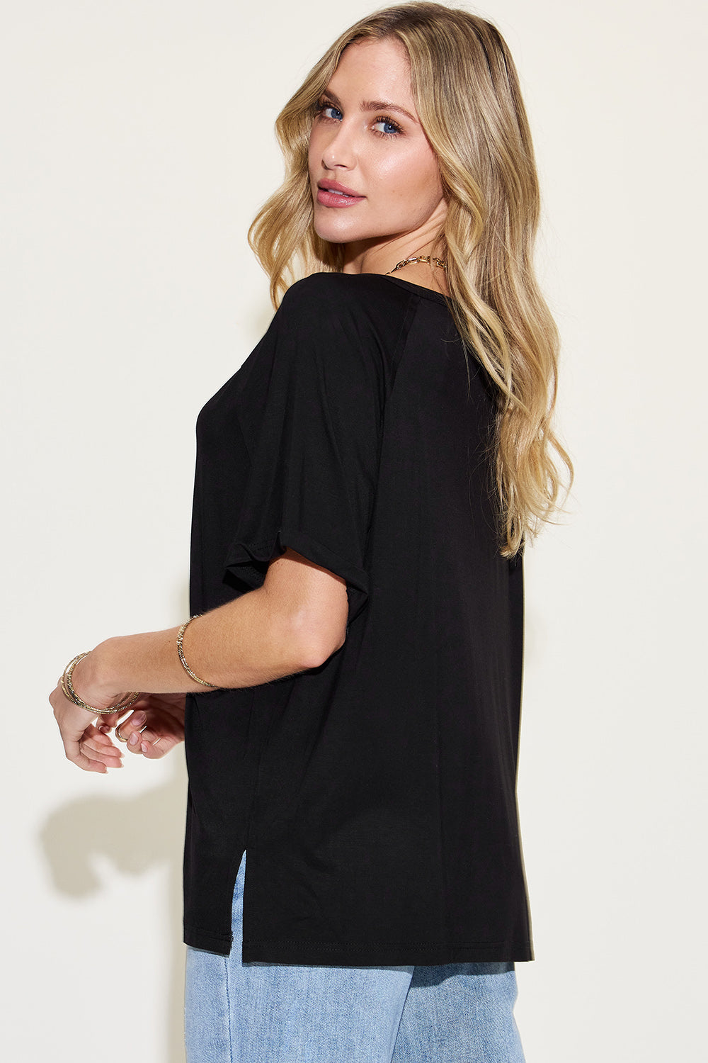 Basic Bamboo Slit V-Neck T-Shirt