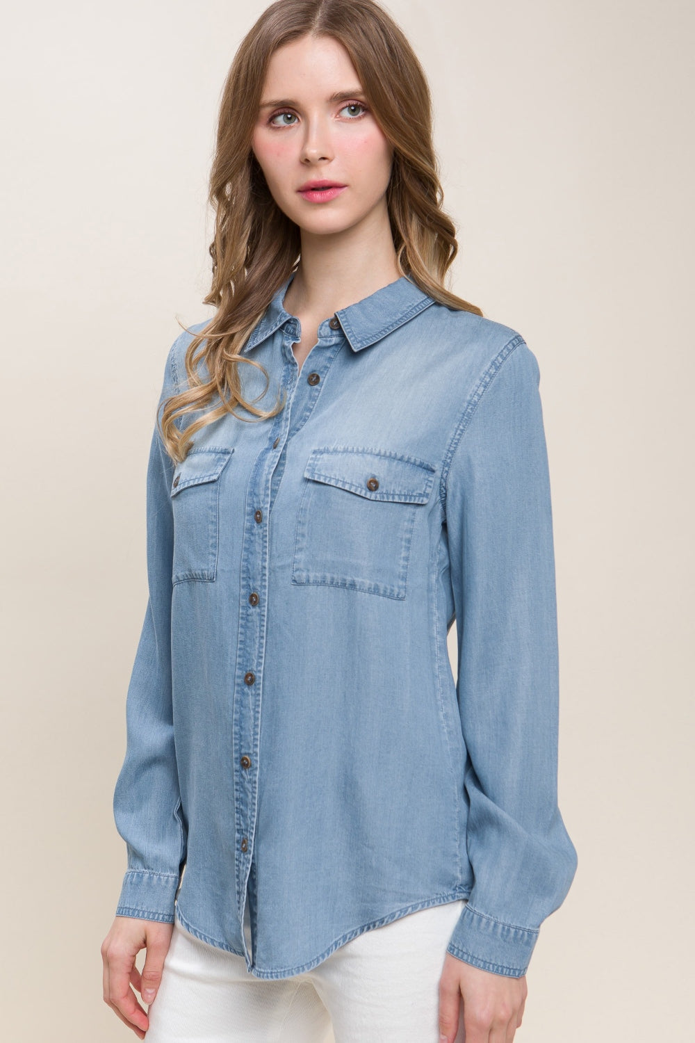 Love Tree Chambray Button Up Denim Shirt