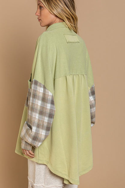 POL Long Sleeve With Plaid Detail Sleeve Shacket