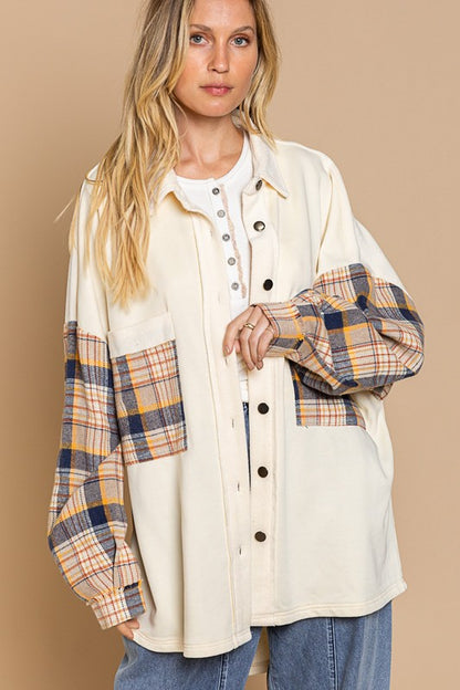 POL Long Sleeve With Plaid Detail Sleeve Shacket