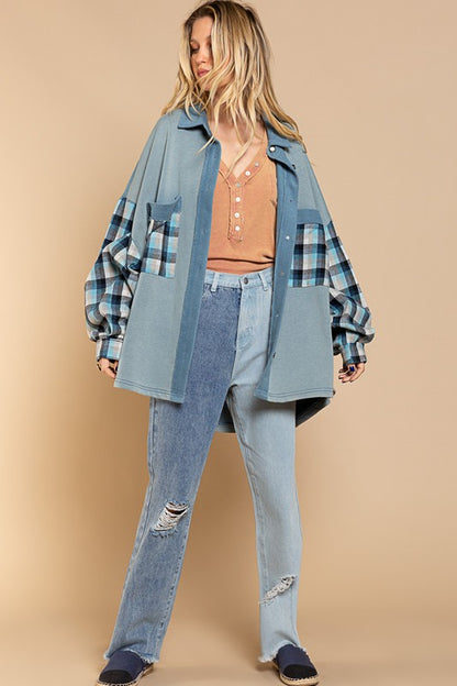 POL Long Sleeve With Plaid Detail Sleeve Shacket