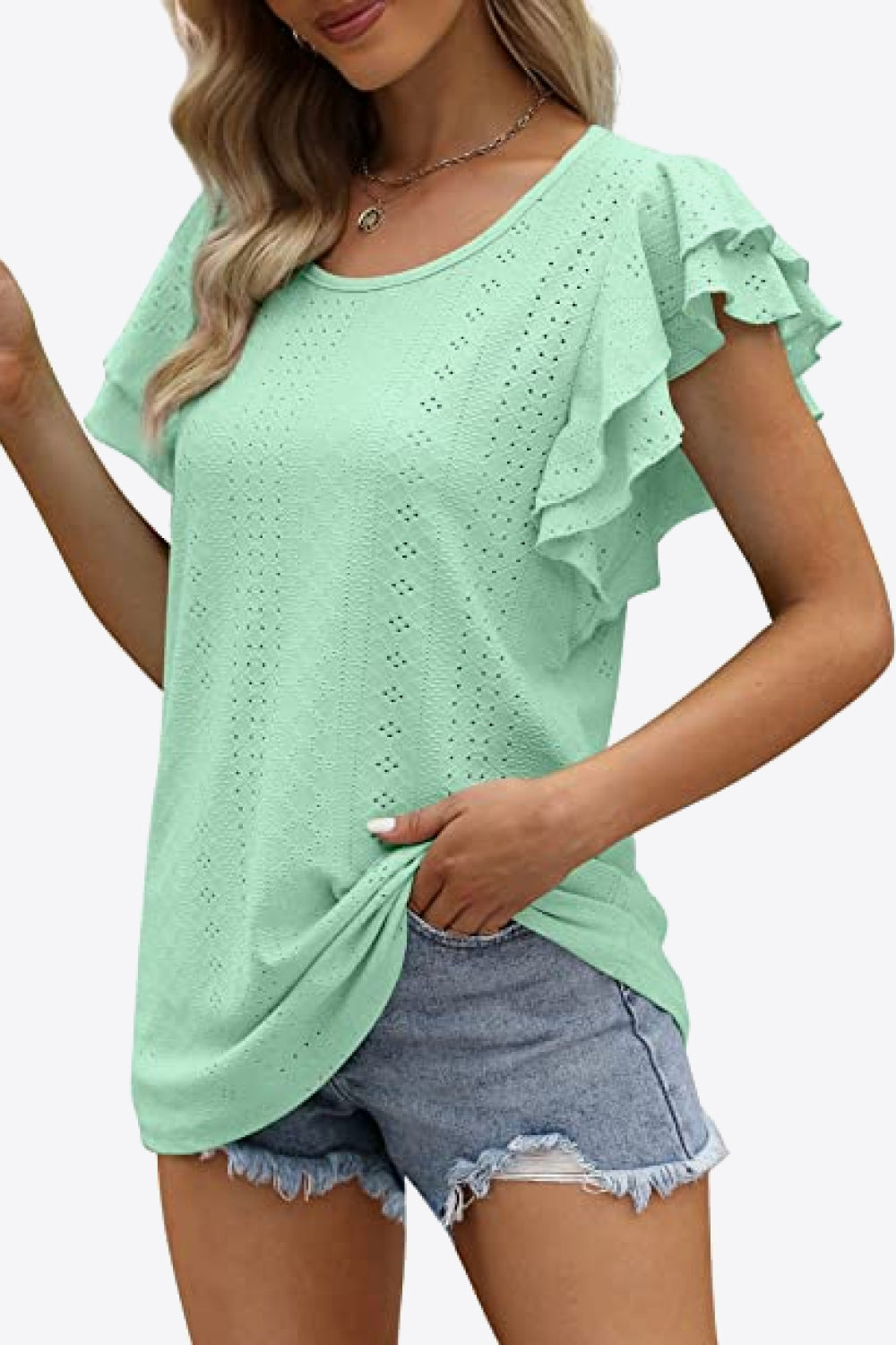 Round Neck Layered Flutter Sleeve Blouse