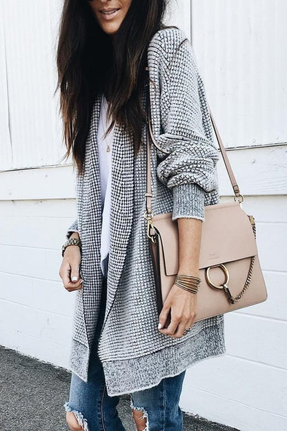 Plaid Long Sleeve Open Front Knit Sweater