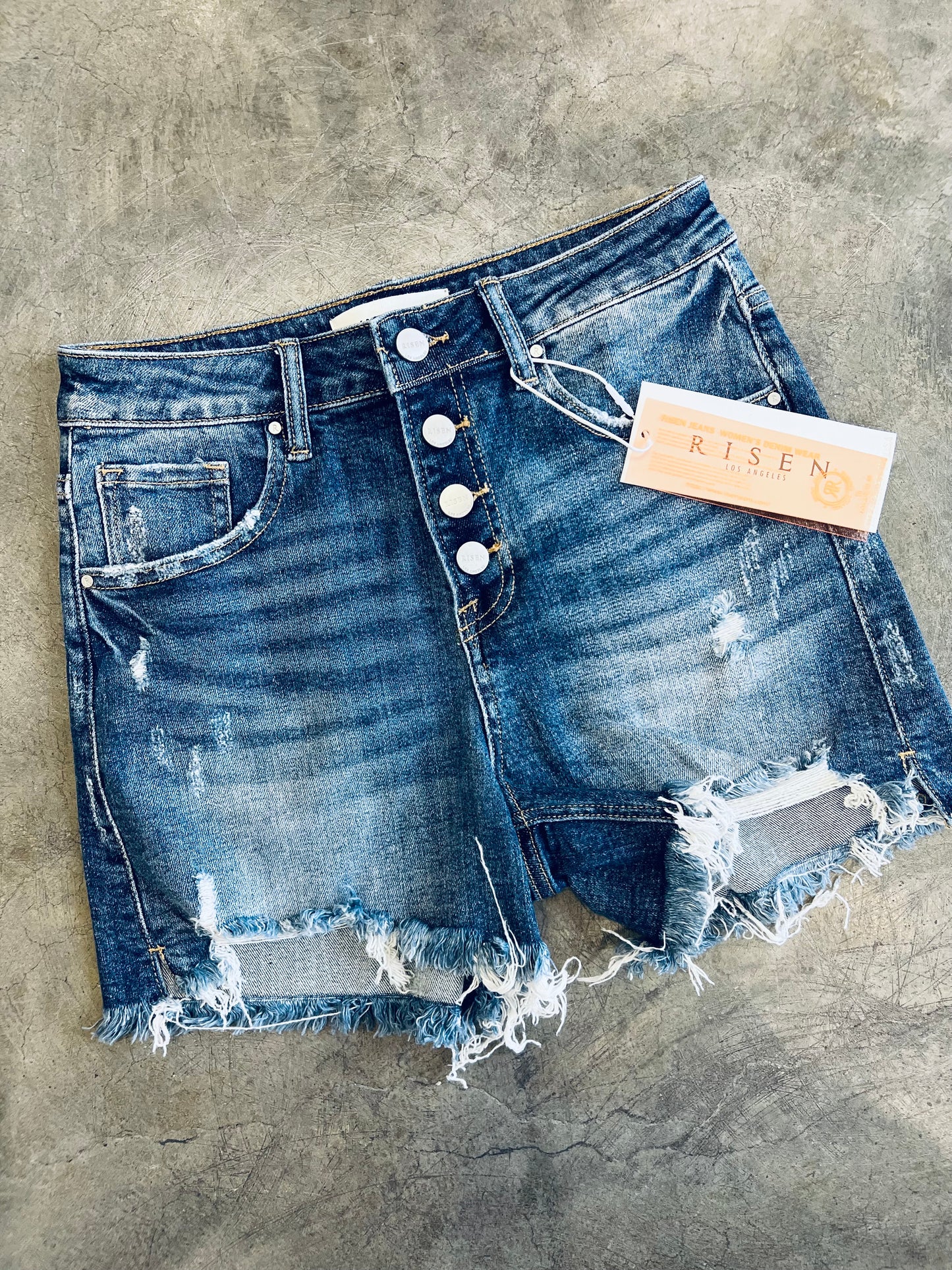 RISEN Button Fly Frayed Hem Denim Shorts