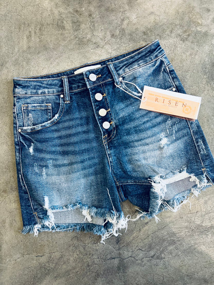 RISEN Button Fly Frayed Hem Denim Shorts