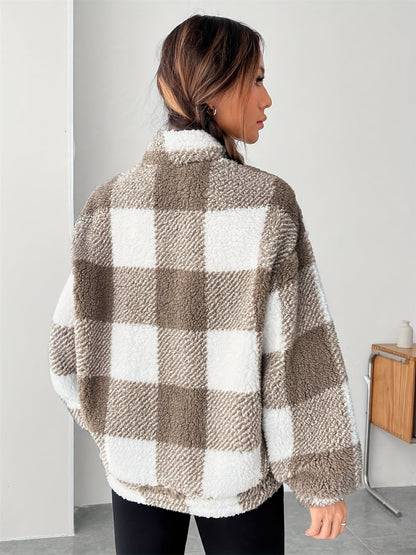Plaid Half Zip Long Sleeve Teddy Sweatshirt (size up 1 for a looser fit)