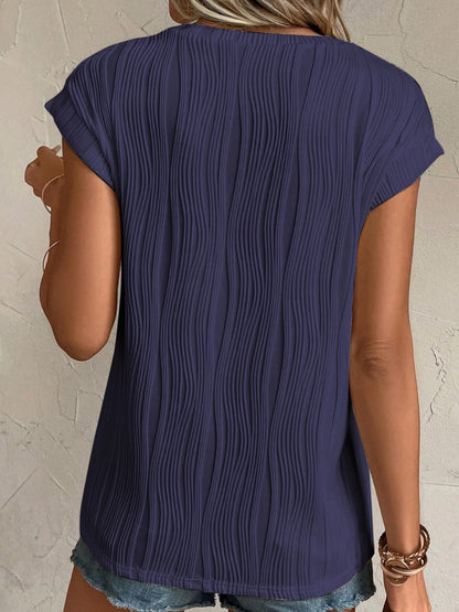 Textured Round Neck Cap Sleeve T-Shirt