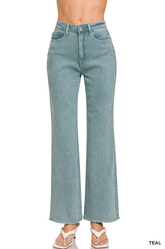 Acid Washed Frayed Cutoff Hem Straight Wide Pants