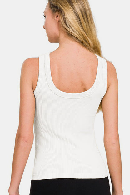 Zenana 2 Way Neckline Washed Ribbed Tank - white