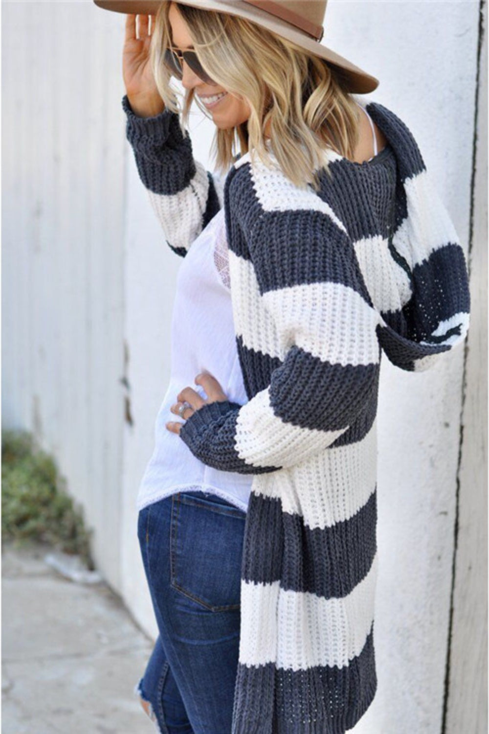 Contrast Stripes Open Front Long Sleeve Cardigan