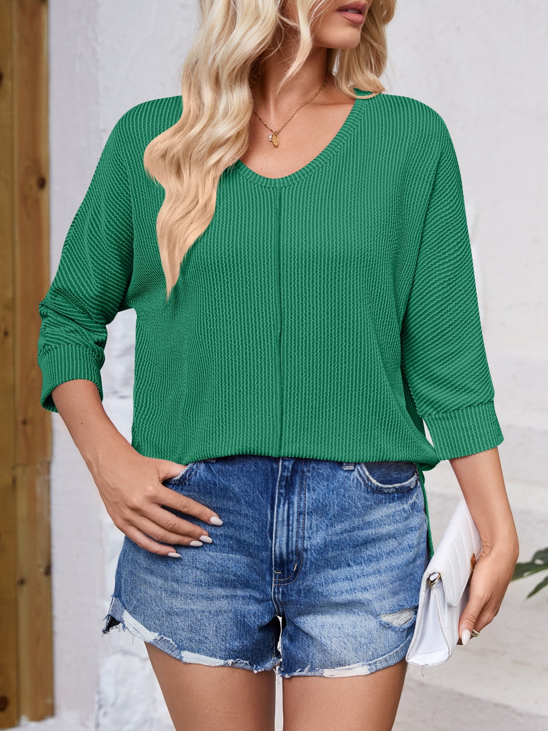 Textured Round Neck Three-Quarter Sleeve Blouse