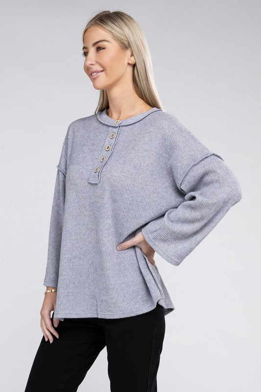 Zenana If Looks Could Kill Hacci Henley Sweater