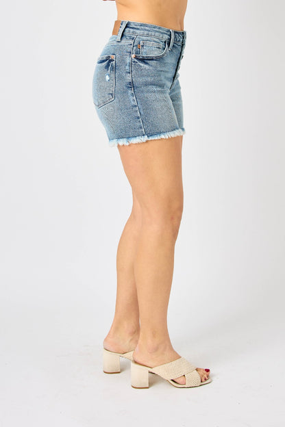 Judy Blue Button Fly Raw Hem Denim Shorts Style 150206