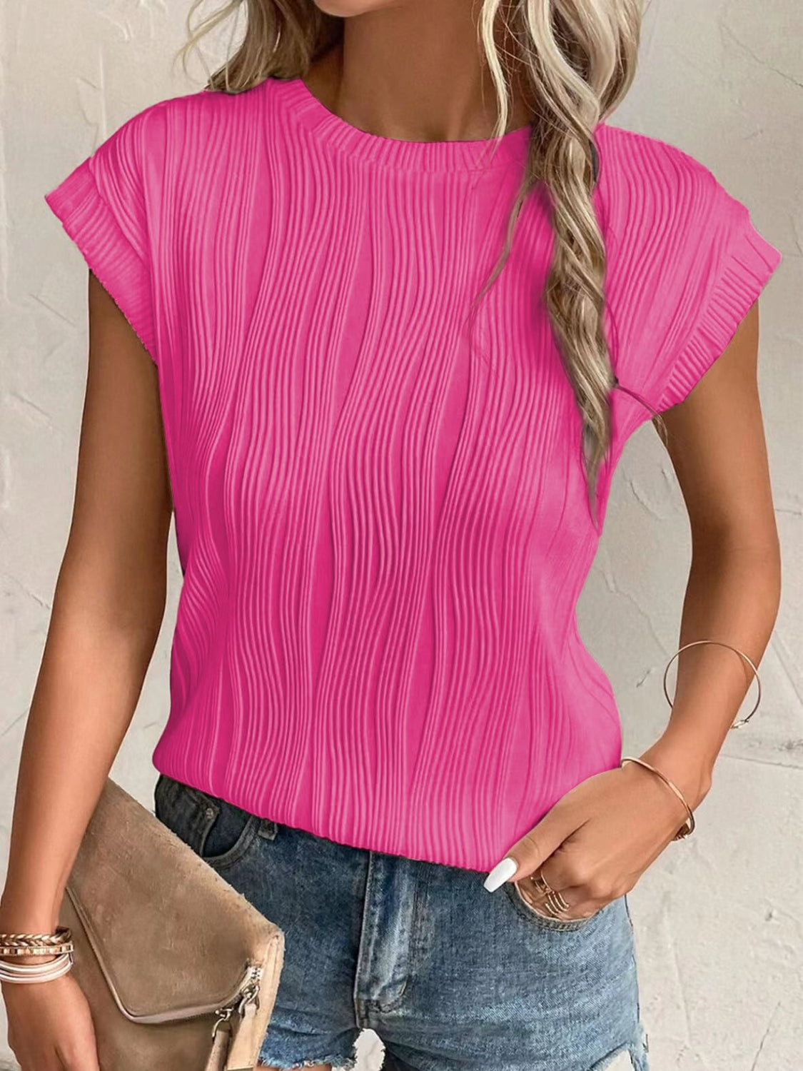 Textured Round Neck Cap Sleeve T-Shirt