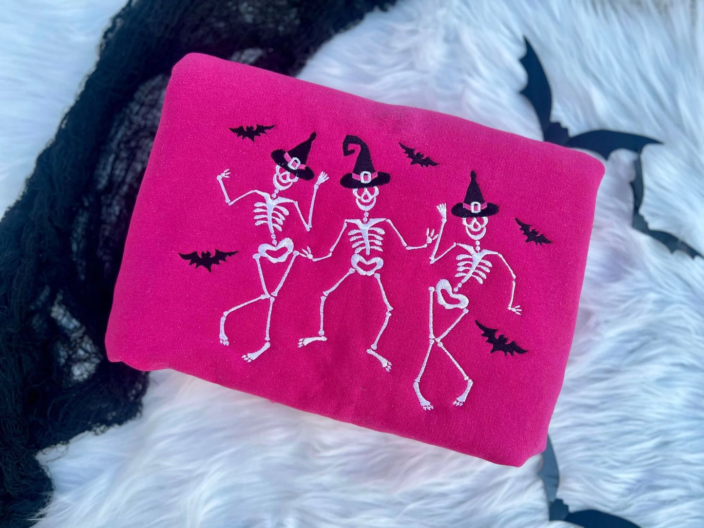 Embroidered Dancing Witchy Skeletons Crewneck Pullover