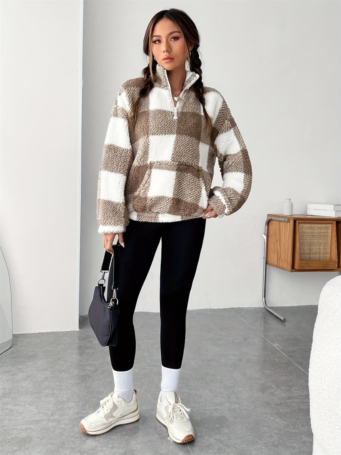 Plaid Half Zip Long Sleeve Teddy Sweatshirt (size up 1 for a looser fit)