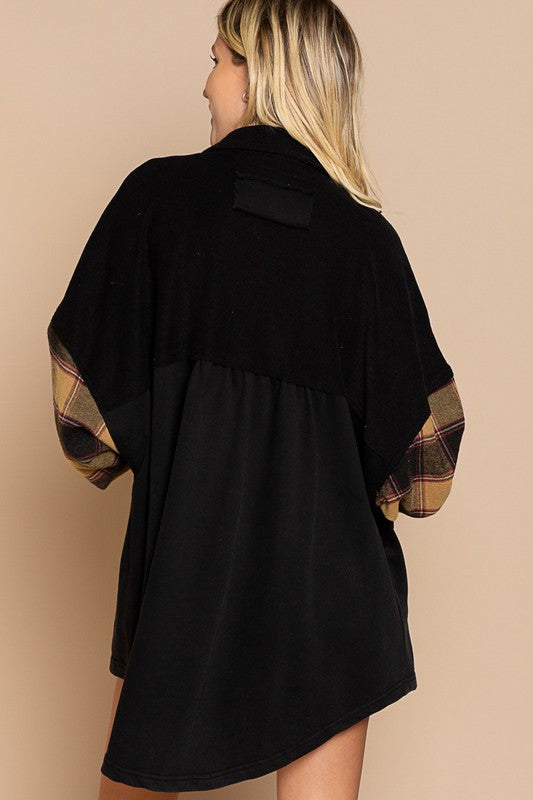 POL Long Sleeve With Plaid Detail Sleeve Shacket