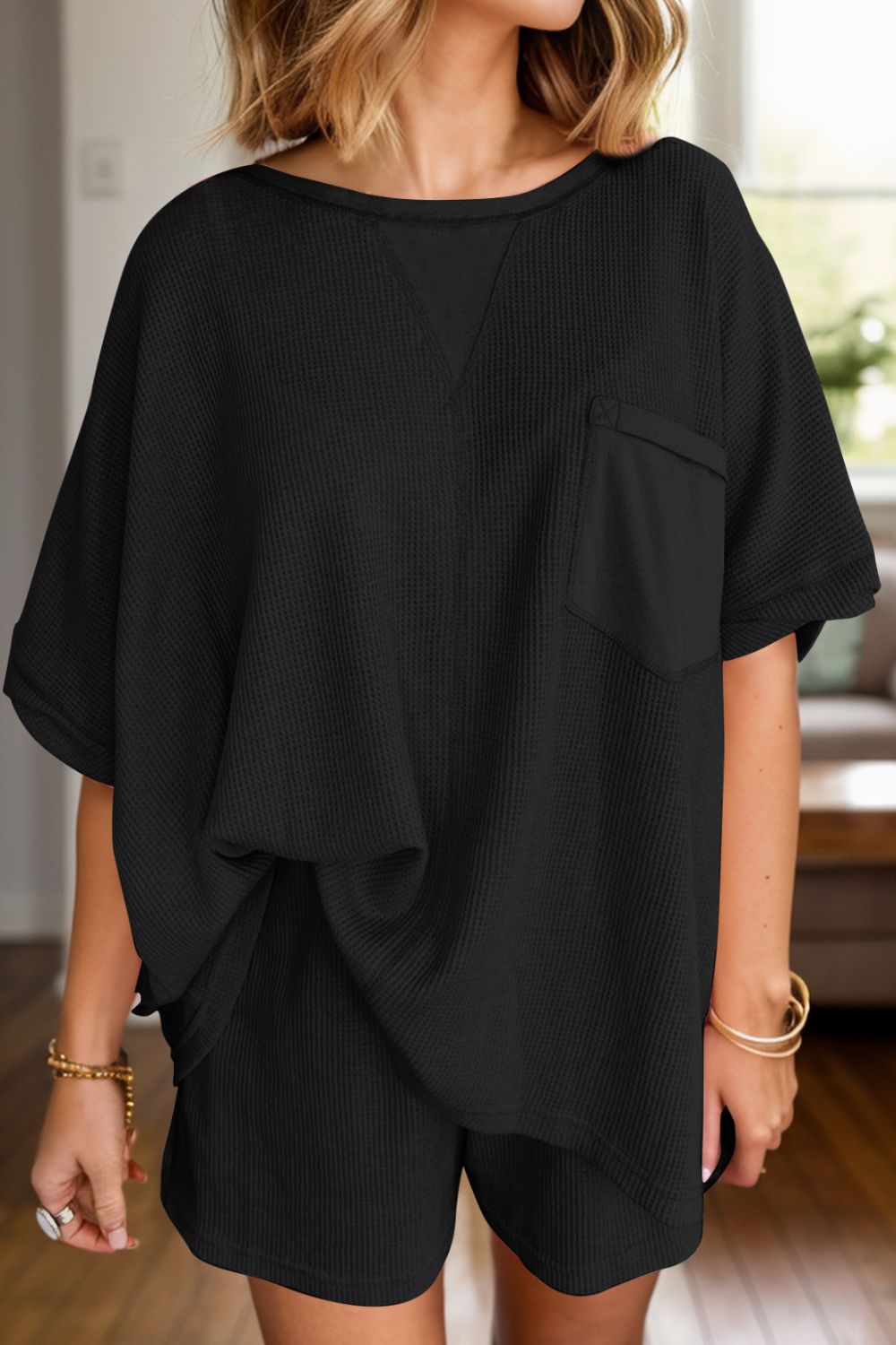 On A Daily Basis Waffle- Knit Top and Shorts Set