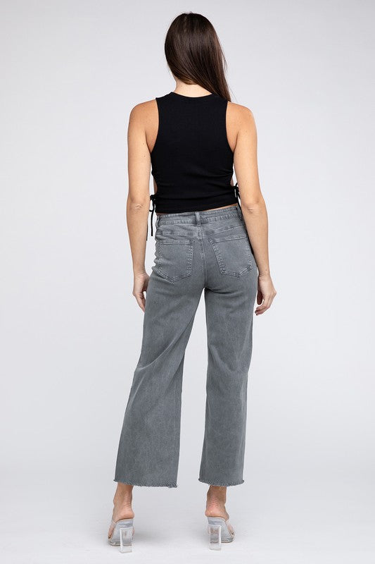 Acid Wash Frayed Cutoff Hem Straight Wide Pants