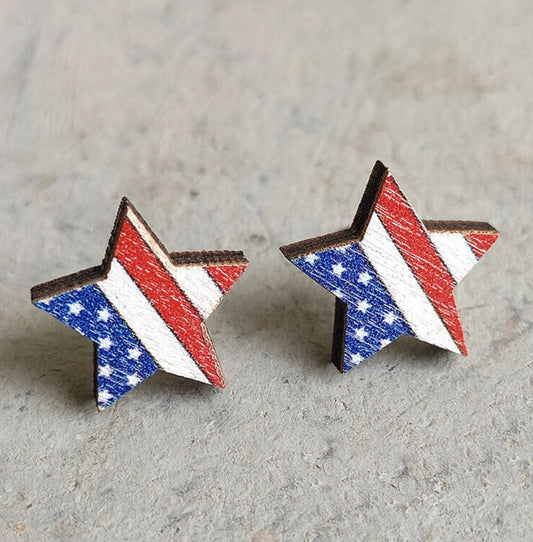 America Red White Blue Star Wood Stud Earrings