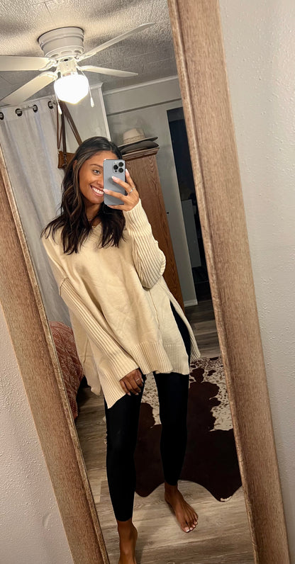 V-Neck Dropped Shoulder Ribbed Long Sleeve Sweater
