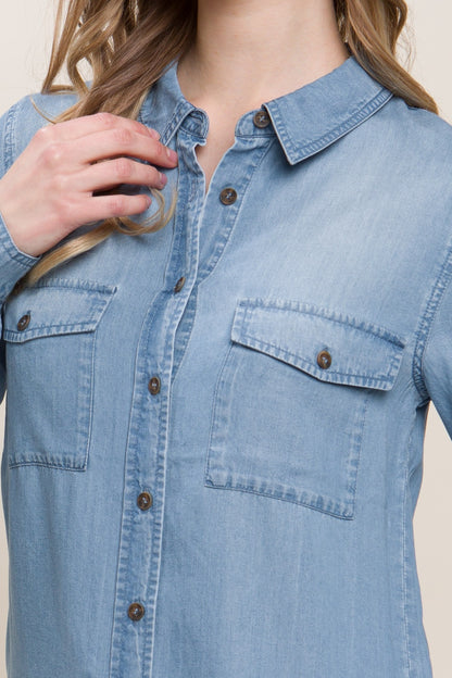 Love Tree Chambray Button Up Denim Shirt