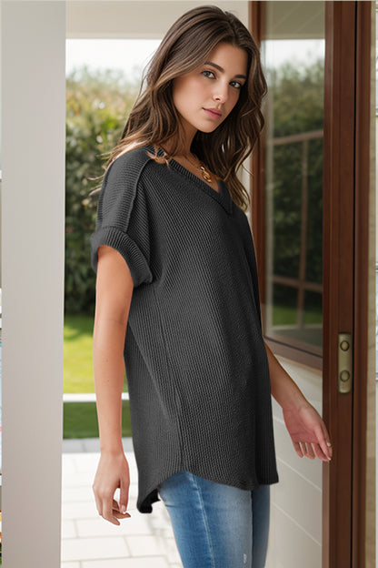 Textured V-Neck Short Sleeve Top