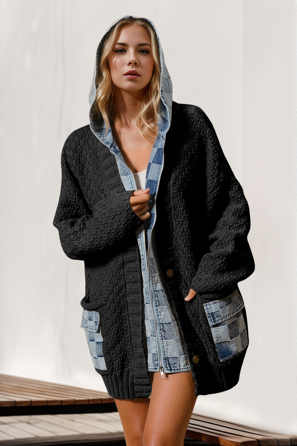 Denim Checkered Cardigan