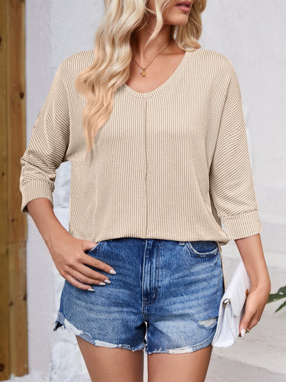 Textured Round Neck Three-Quarter Sleeve Blouse