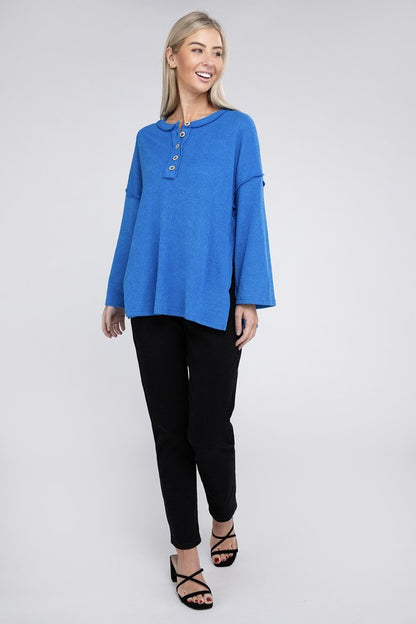 Zenana If Looks Could Kill Hacci Henley Sweater