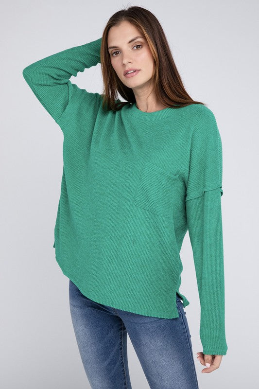 Ribbed Brushed Melange Hacci Sweater with a Pocket