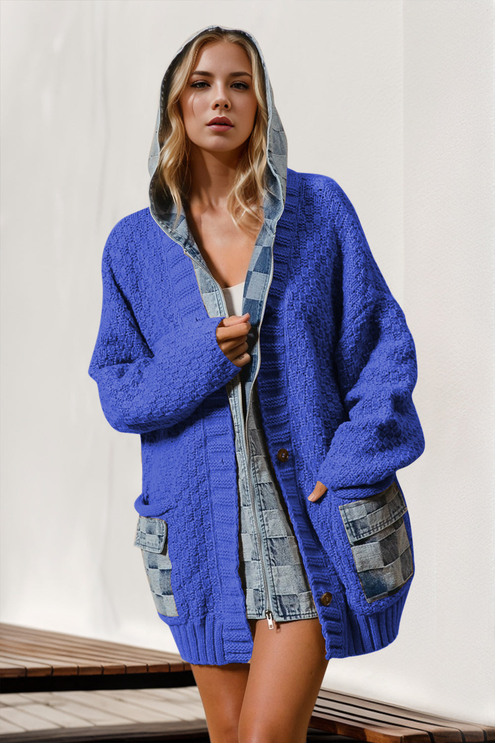 Denim Checkered Cardigan