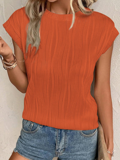 Textured Round Neck Cap Sleeve T-Shirt