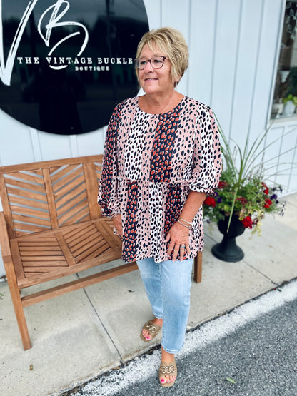 Animal Print Balloon Sleeve Blouse