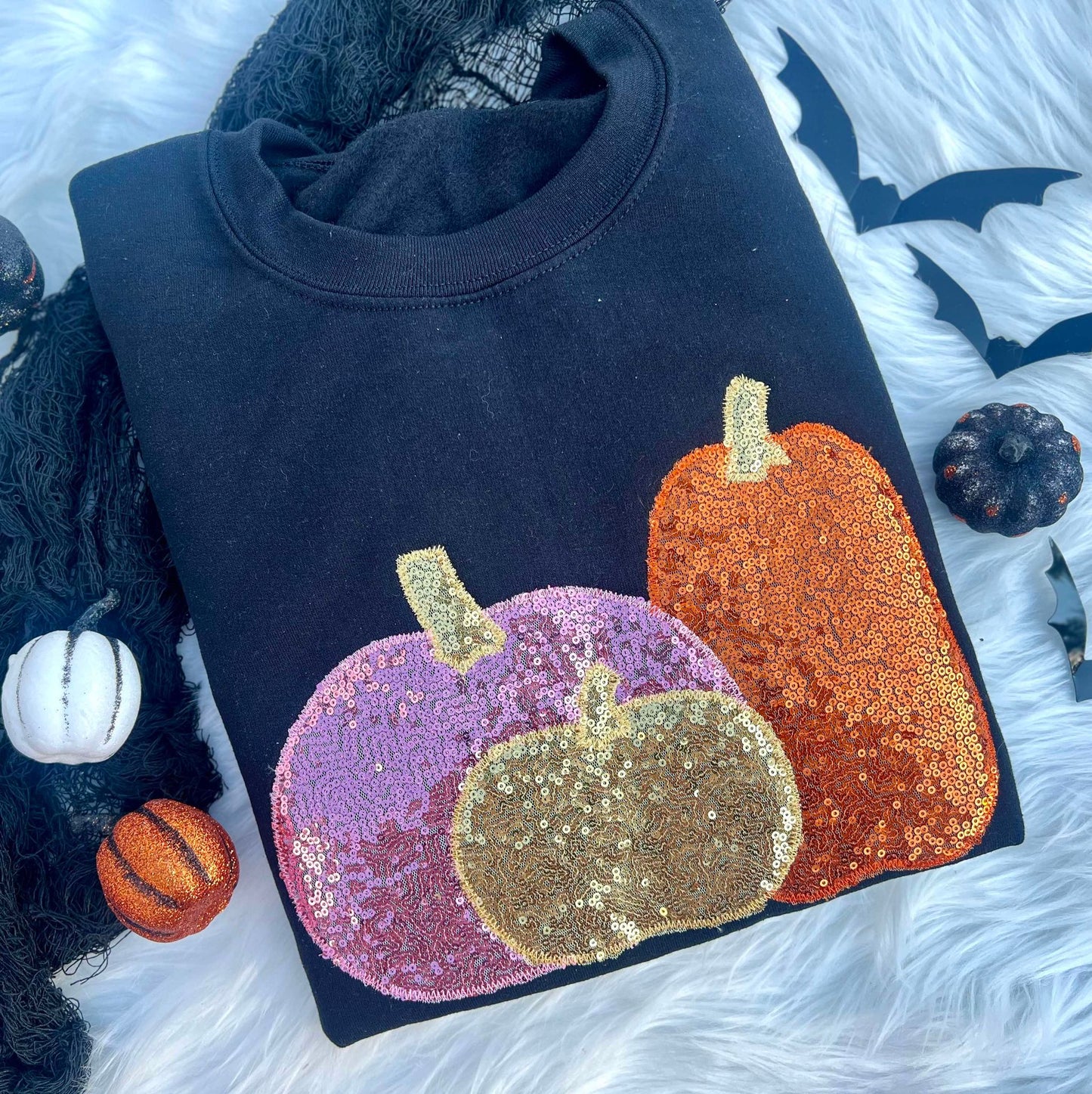 Embroidered Triple Sequin Pumpkins Crewneck Pullover