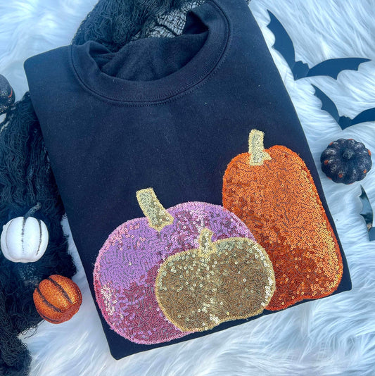 Embroidered Triple Sequin Pumpkins Crewneck Pullover