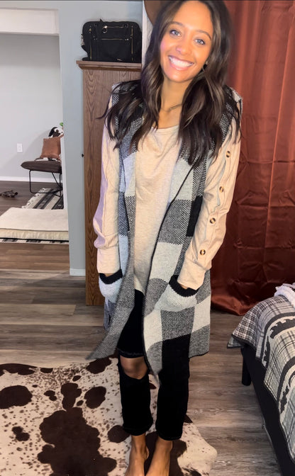 Plaid Lapel Collar Sleeveless Cardigan