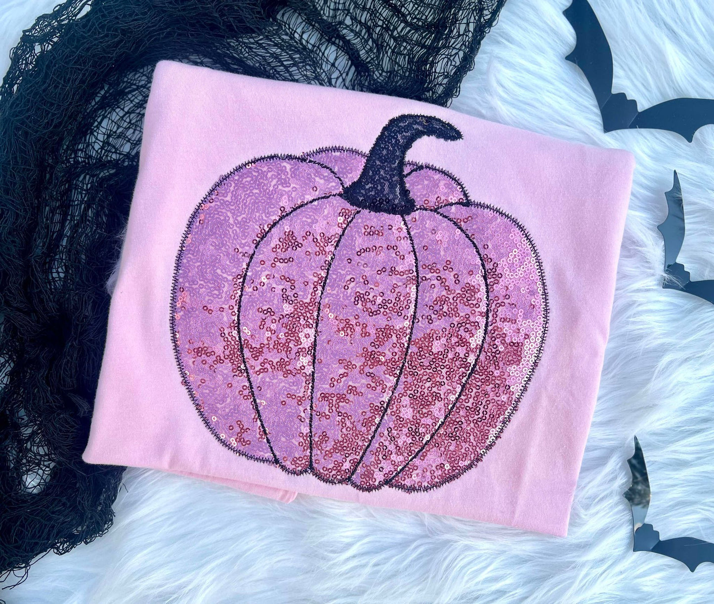 Embroidered Pink Sequin Pumpkin Tee