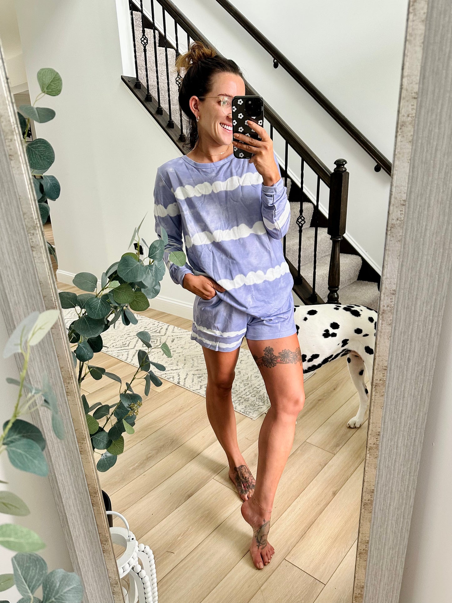 Tie-dyed Stripes Long Sleeve Shorts Lounge Set