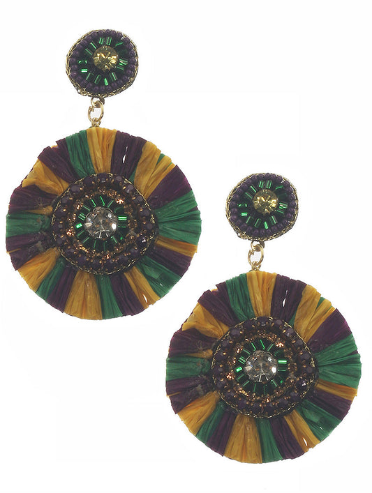 Straw Round Mardi Gras Gem Earrings